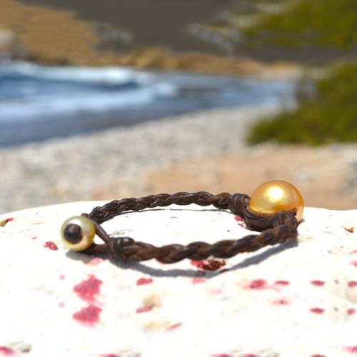 Bracelet homme en cuir tressé 6 fils perles de Tahiti